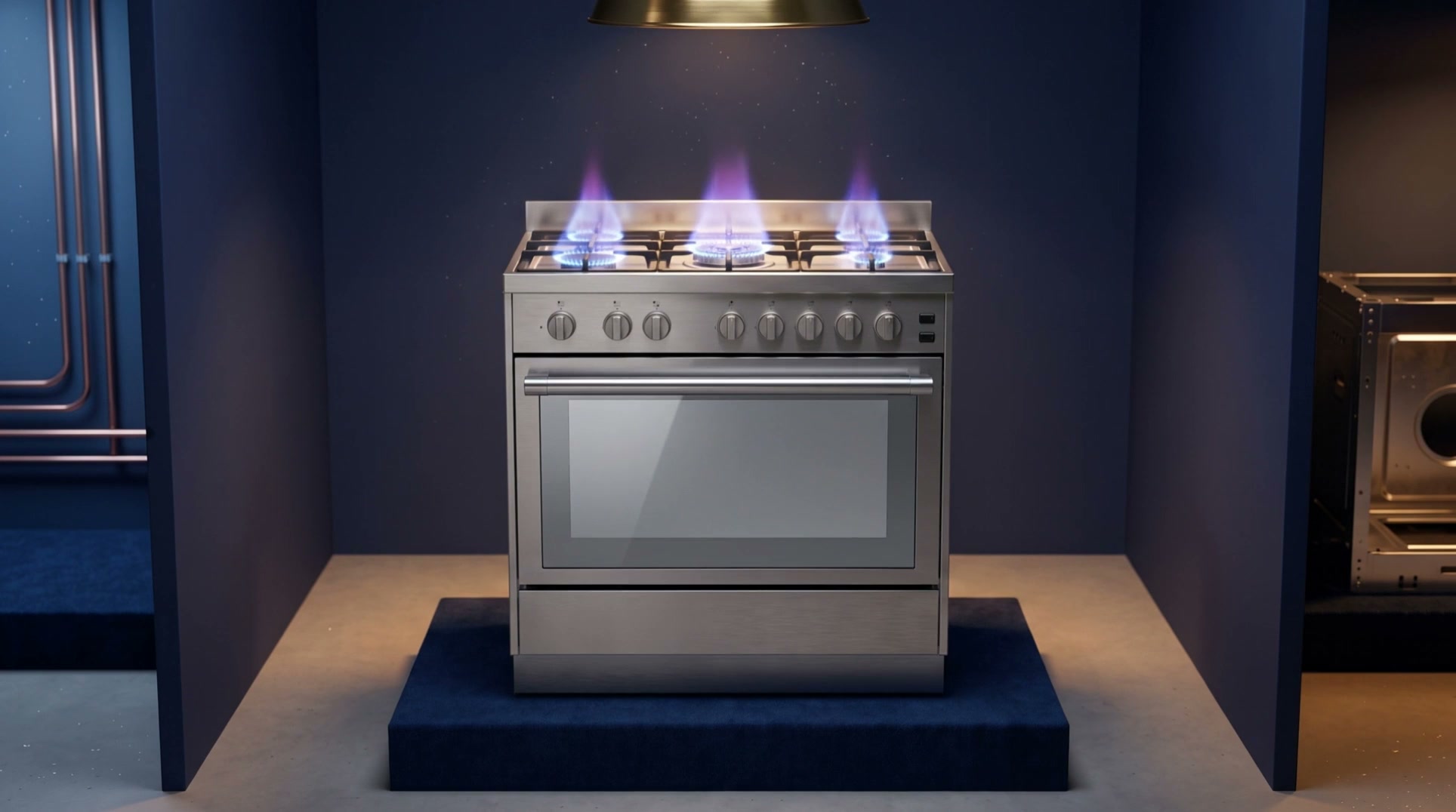 The assembled gas range cooker on the inspection plinth with all five burners lit blue
